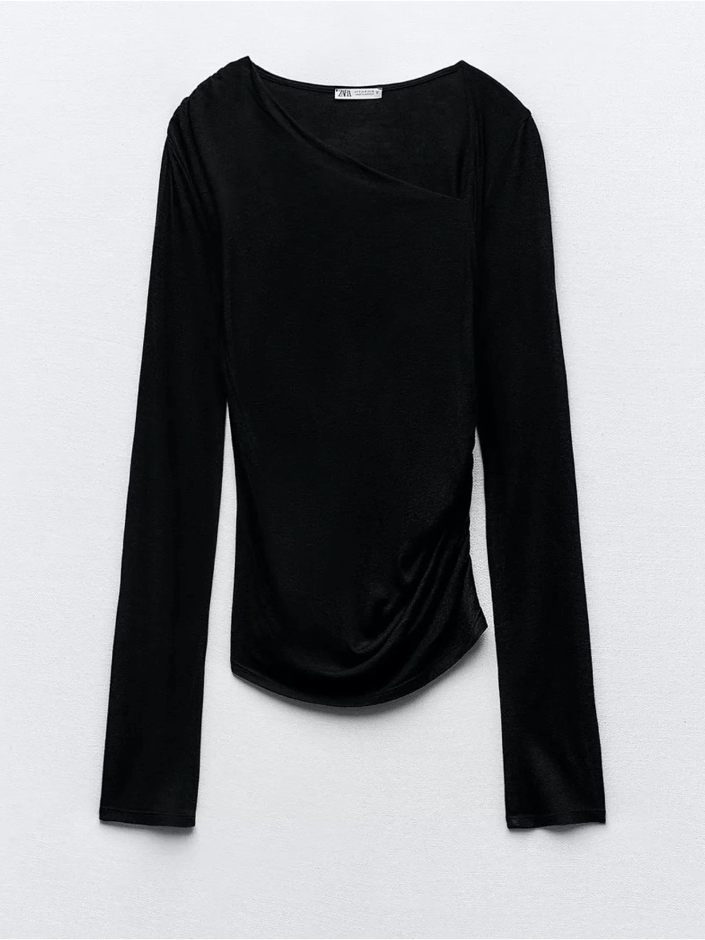 Black Long-Sleeve Asymmetric Draped Top